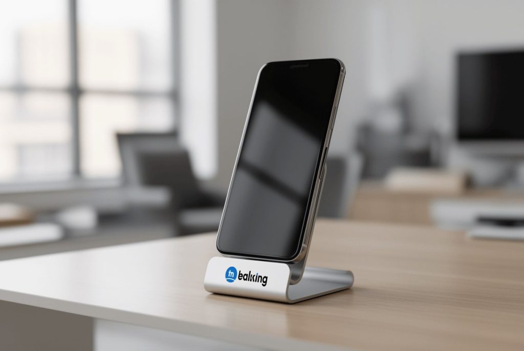 Support téléphone publicitaire : le logo qui reste sur le bureau