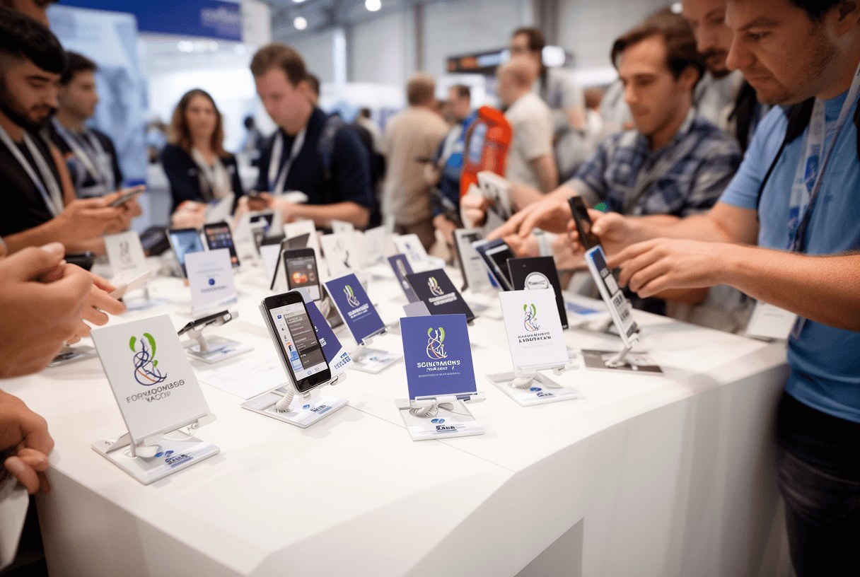 Supports téléphones publicitaires personnalisés exposés sur un stand événementiel
