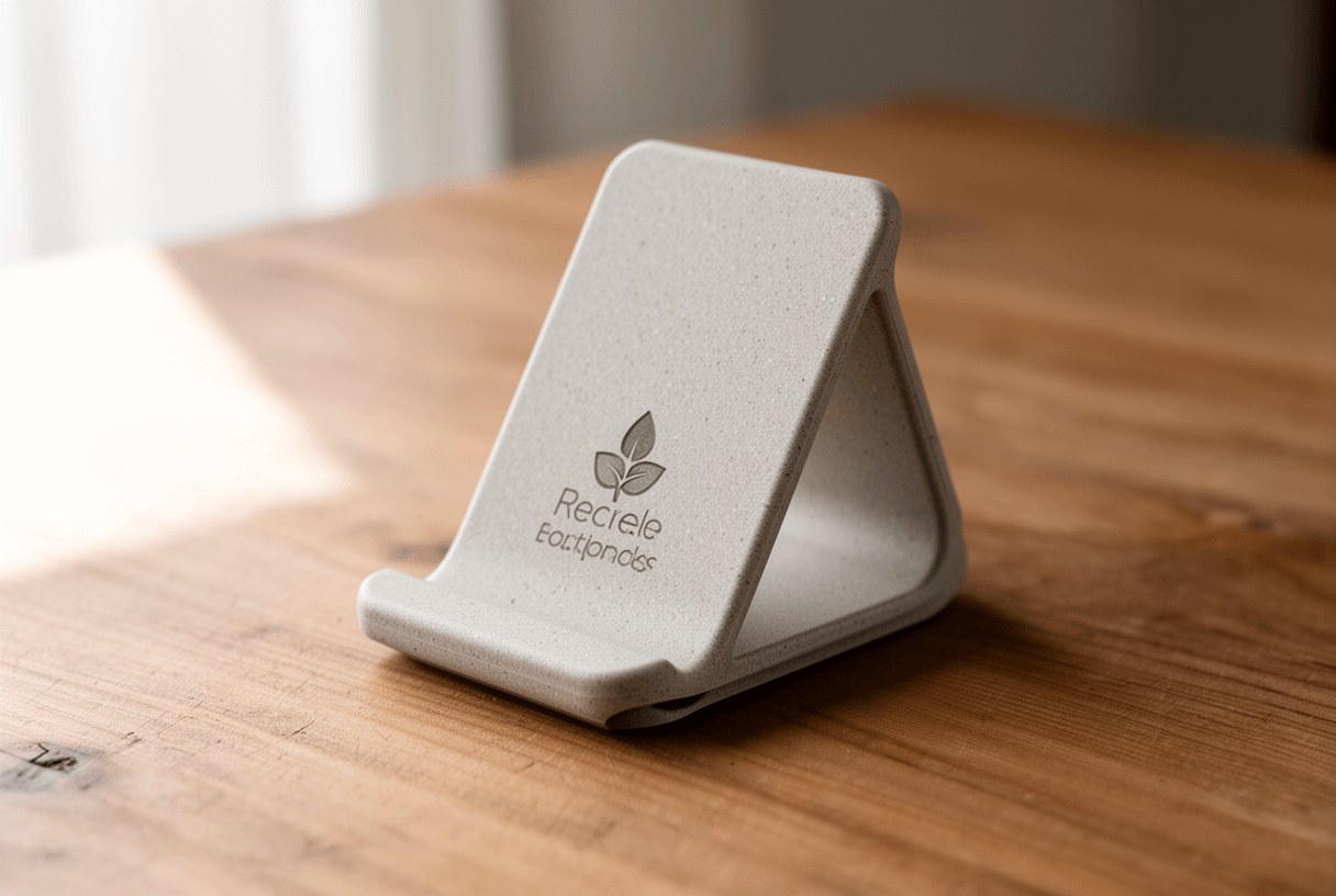 Porte-téléphone publicitaire écologique en matériau recyclé posé sur table en bois